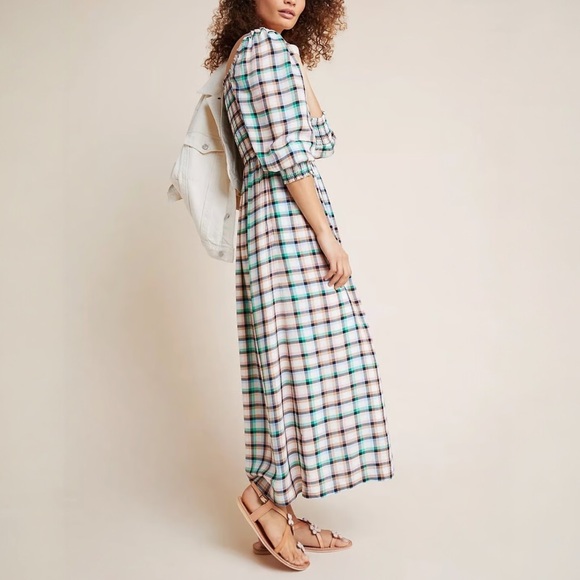 Anthropologie Maeve Cerie Smocked Plaid Maxi Dress Boho Square Neck Size Large - Picture 6 of 14
